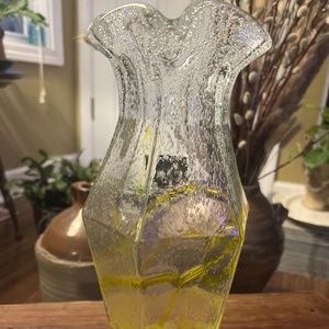 Vintage Italian Hand Blown Yellow Bubble Art Glass Clear 11” Vase Ribbon Rim